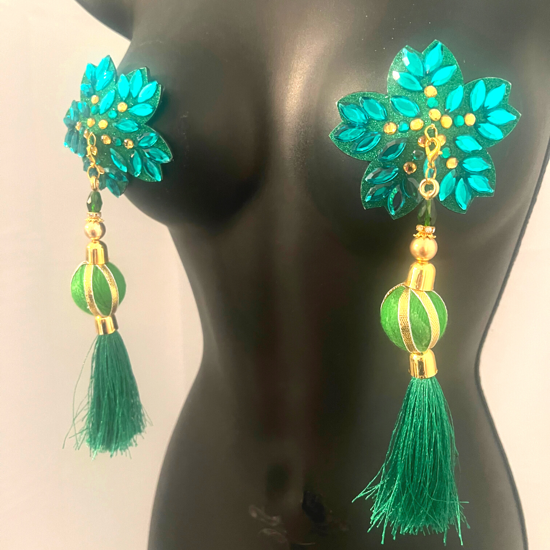 HOLLY BERRY Red/Gold or Green/Gold Floral Nipple Pasties, Covers (2pcs) w/ Hand Beaded Tassels (2pcs) Burlesque Lingerie Raves and Festivals