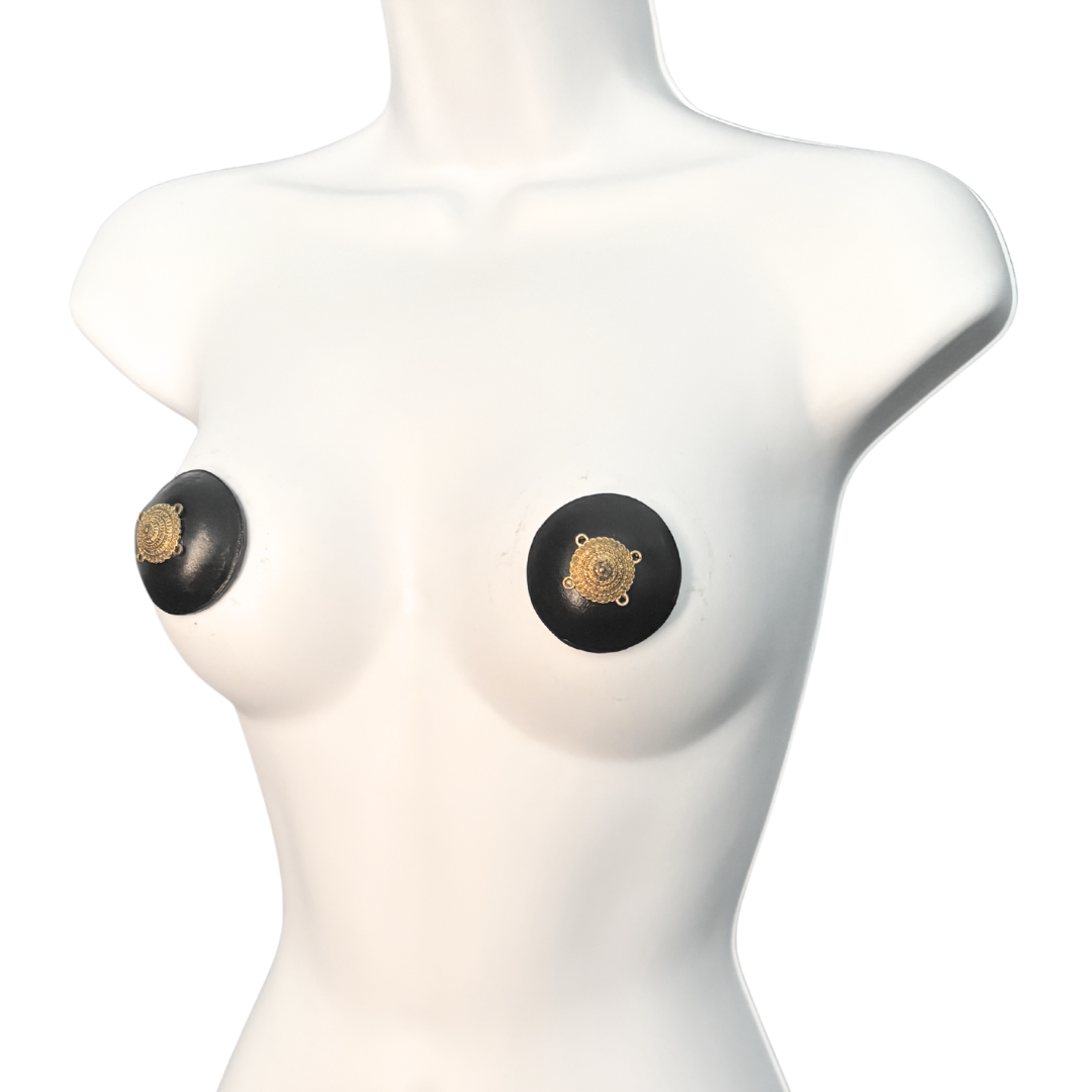 AURELIA Black or Oxblood Leather Pasties with Brass Appliqué (2pcs)