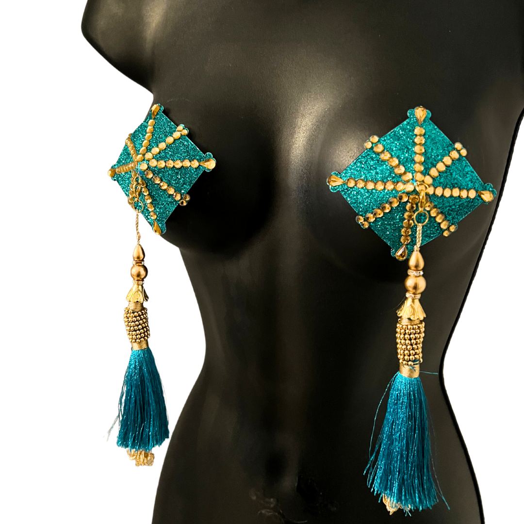 Cache-tétons CELESTE en forme de diamant bleu sarcelle et or, couvre-tétons avec pompons amovibles (2 pièces)