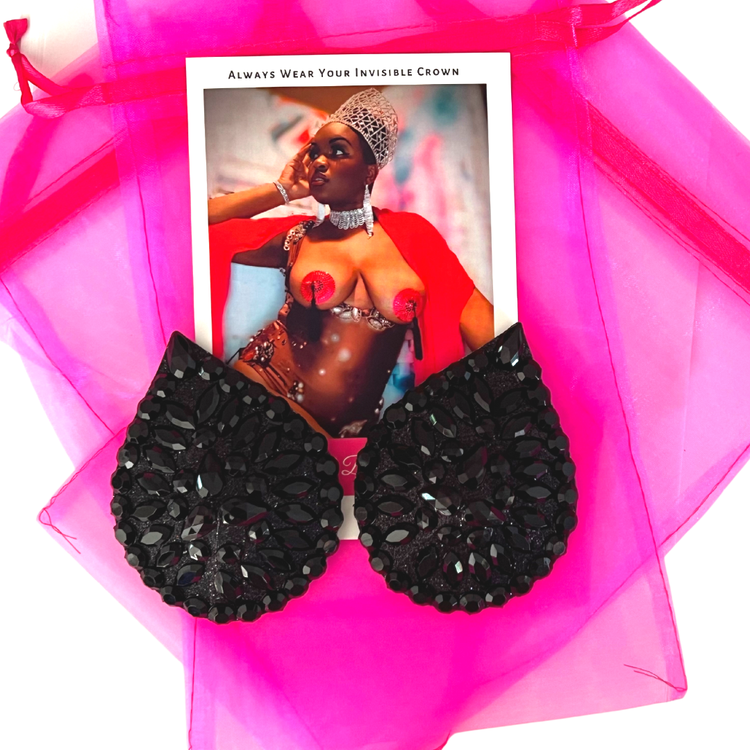 BLACK MAGIC Black Glitter and Gem Teardrop Nipple Pasty, Covers (2pcs) for Burlesque Lingerie Raves Carnival and Festivals