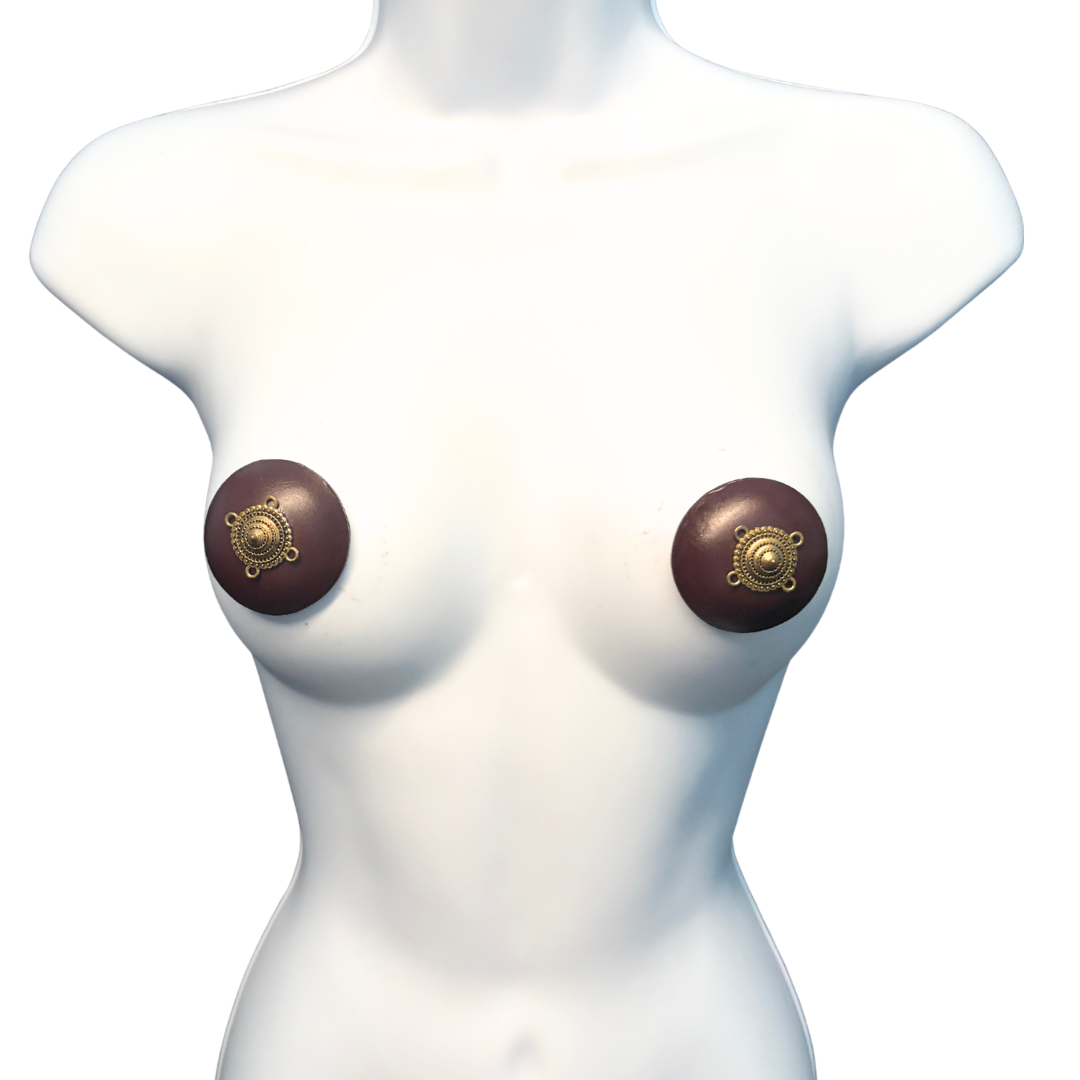 AURELIA Black or Oxblood Leather Pasties with Brass Appliqué (2pcs)