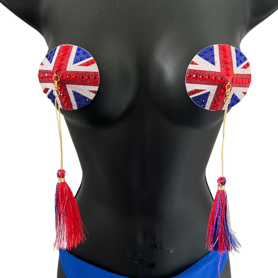 POSH Union Jack Glitter &amp; Gem, cache-tétons (2 pièces) cache-tétons avec pompons amovibles pour lingerie carnaval burlesque rave