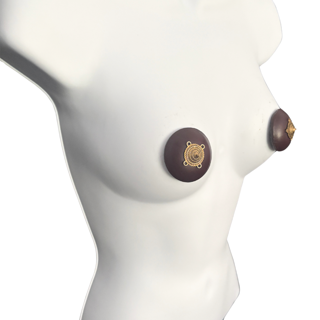 AURELIA Black or Oxblood Leather Pasties with Brass Appliqué (2pcs)