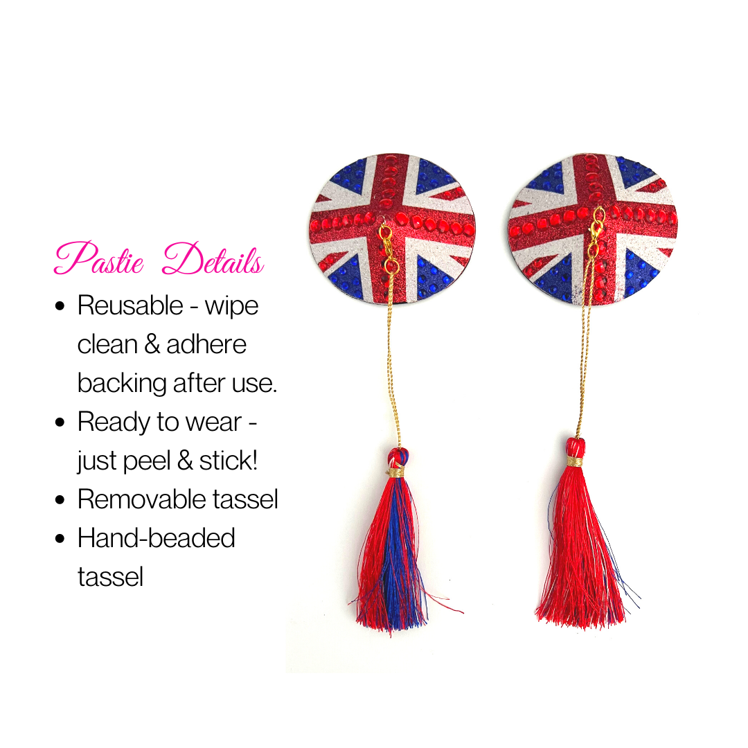 POSH Union Jack Glitter &amp; Gem, cubrepezones (2 piezas) con borlas extraíbles para lencería carnaval burlesque rave