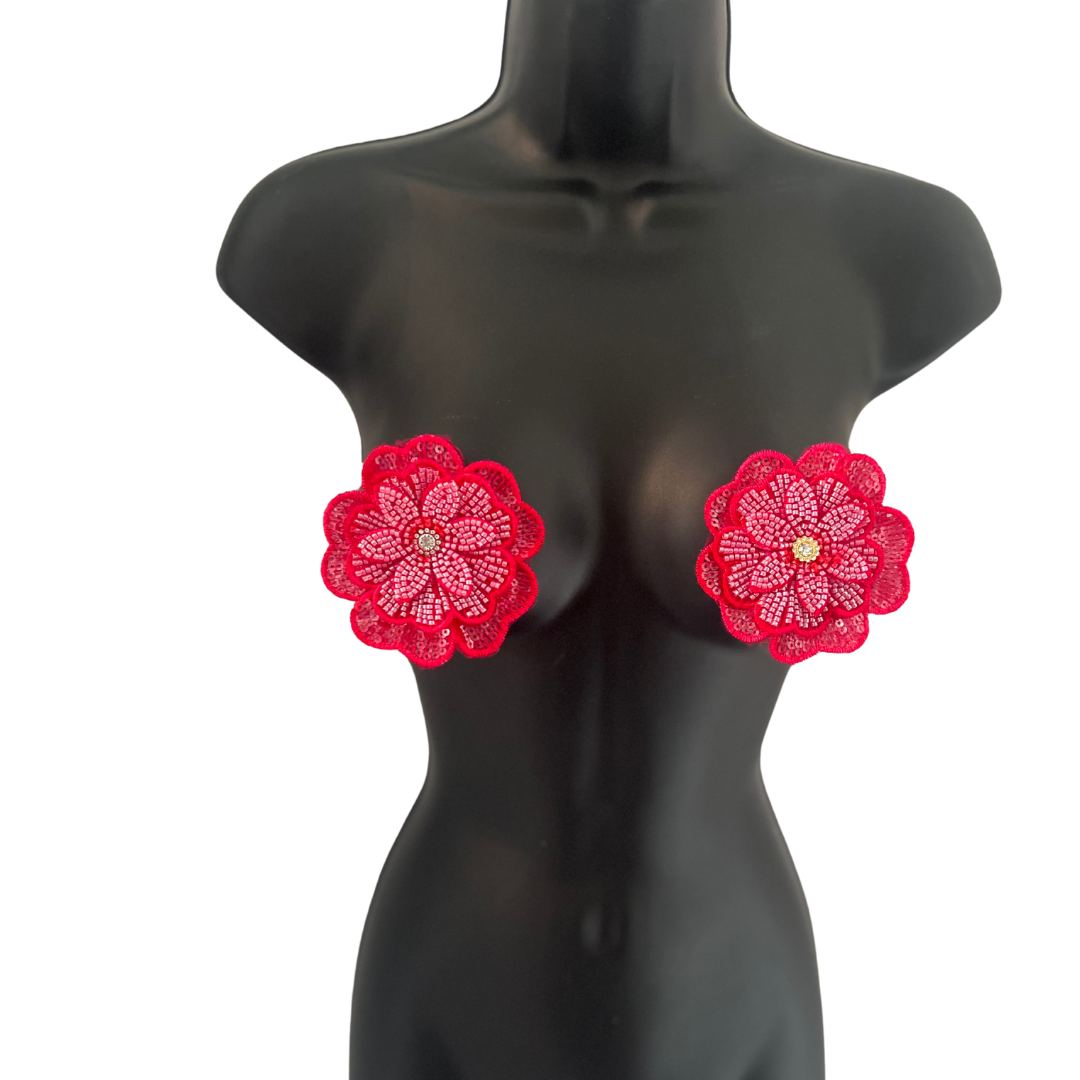 BLOSSOM BEAUTIES - Beaded and Embroidered Flower Nipple Pasties Covers (2pcs) Large! (3 colours: Hot Pink; Yellow or Light Pink)