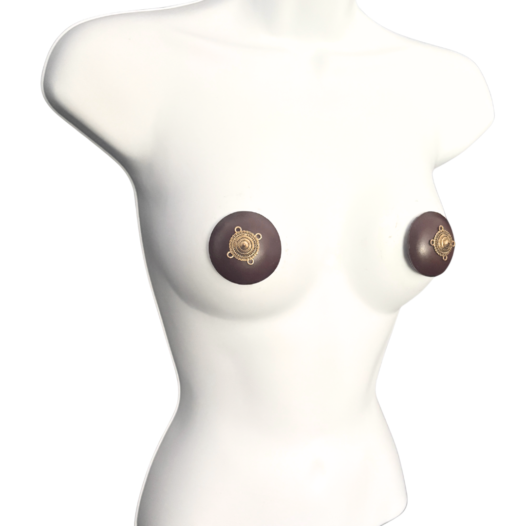 AURELIA Black or Oxblood Leather Pasties with Brass Appliqué (2pcs)