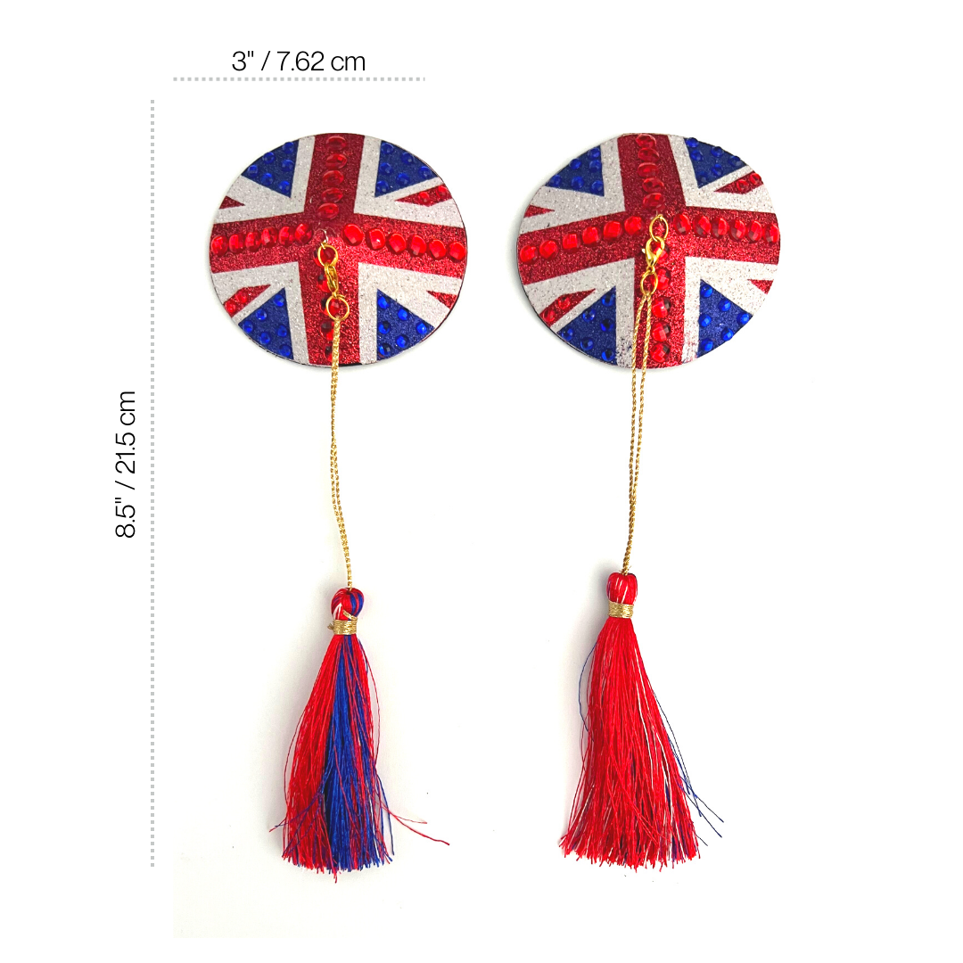 POSH Union Jack Glitter & Gem, Nipple Cover (2pcs) Pasties with Removable Tassels for Lingerie Carnival Burlesque Rave
