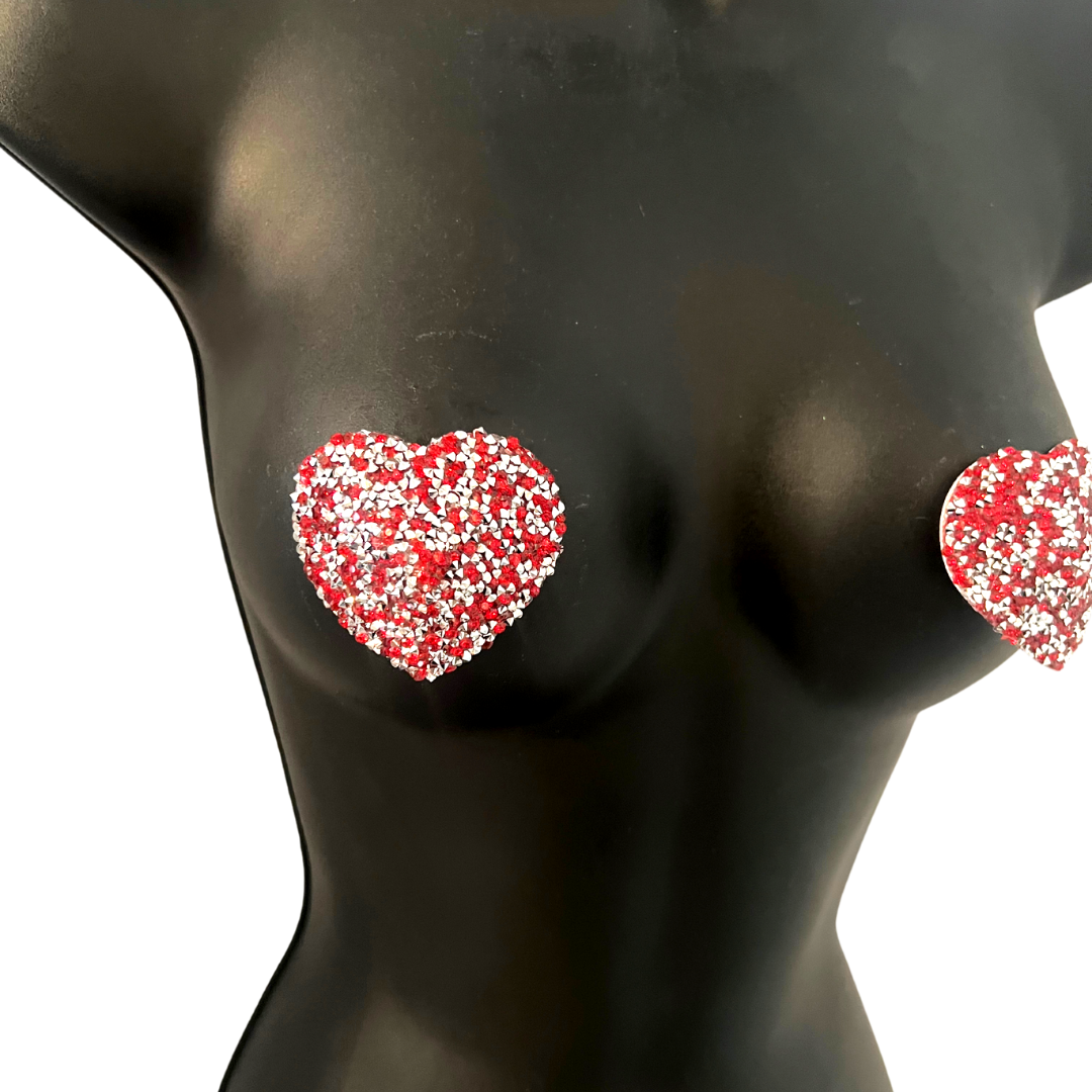POPPY TART Cubiertas para empanadas de pezones con forma de corazón rojo y plateado (2 unidades) para burlesque, lencería rave y festivales