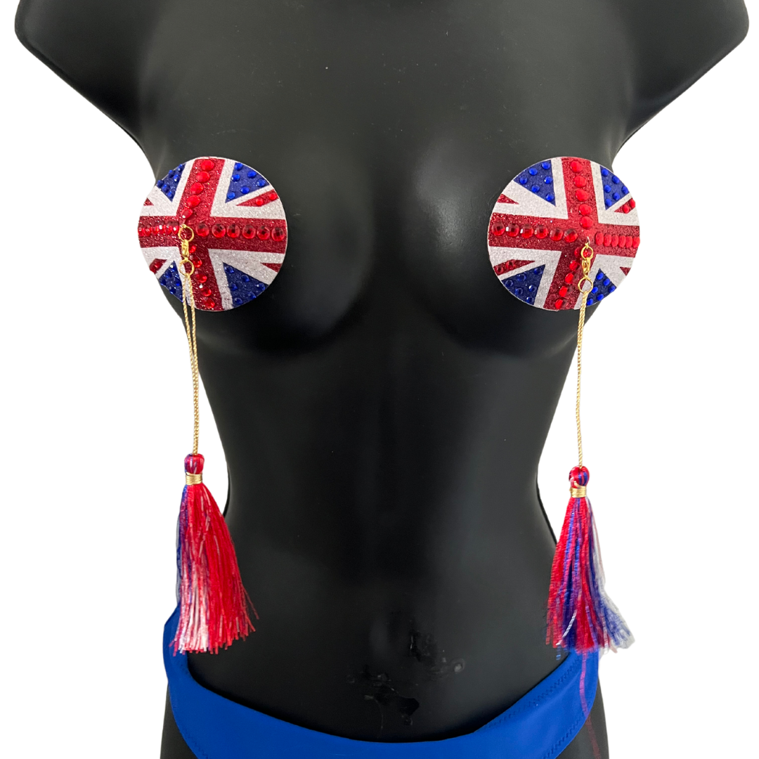 POSH Union Jack Glitter & Gem, Nipple Cover (2pcs) Pasties with Removable Tassels for Lingerie Carnival Burlesque Rave
