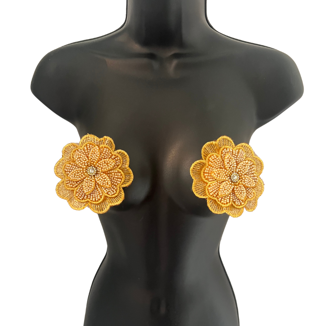 BLOSSOM BEAUTIES - Beaded and Embroidered Flower Nipple Pasties Covers (2pcs) Large! (3 colours: Hot Pink; Yellow or Light Pink)