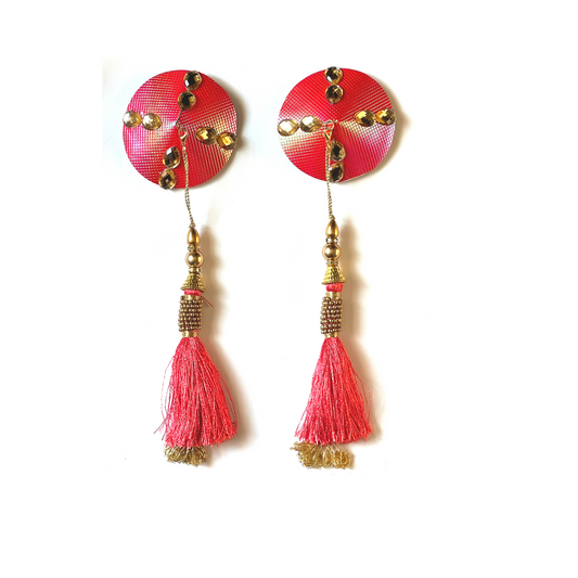 BELLINI Cubre pezones con brillo rosa melocotón (2 unidades) con gemas doradas y borlas de cuentas para lencería Carnaval Burlesque Rave