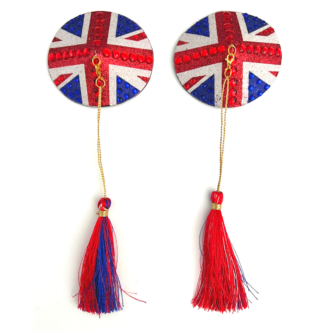 POSH Union Jack Glitter & Gem, Nipple Cover (2pcs) Pasties with Removable Tassels for Lingerie Carnival Burlesque Rave