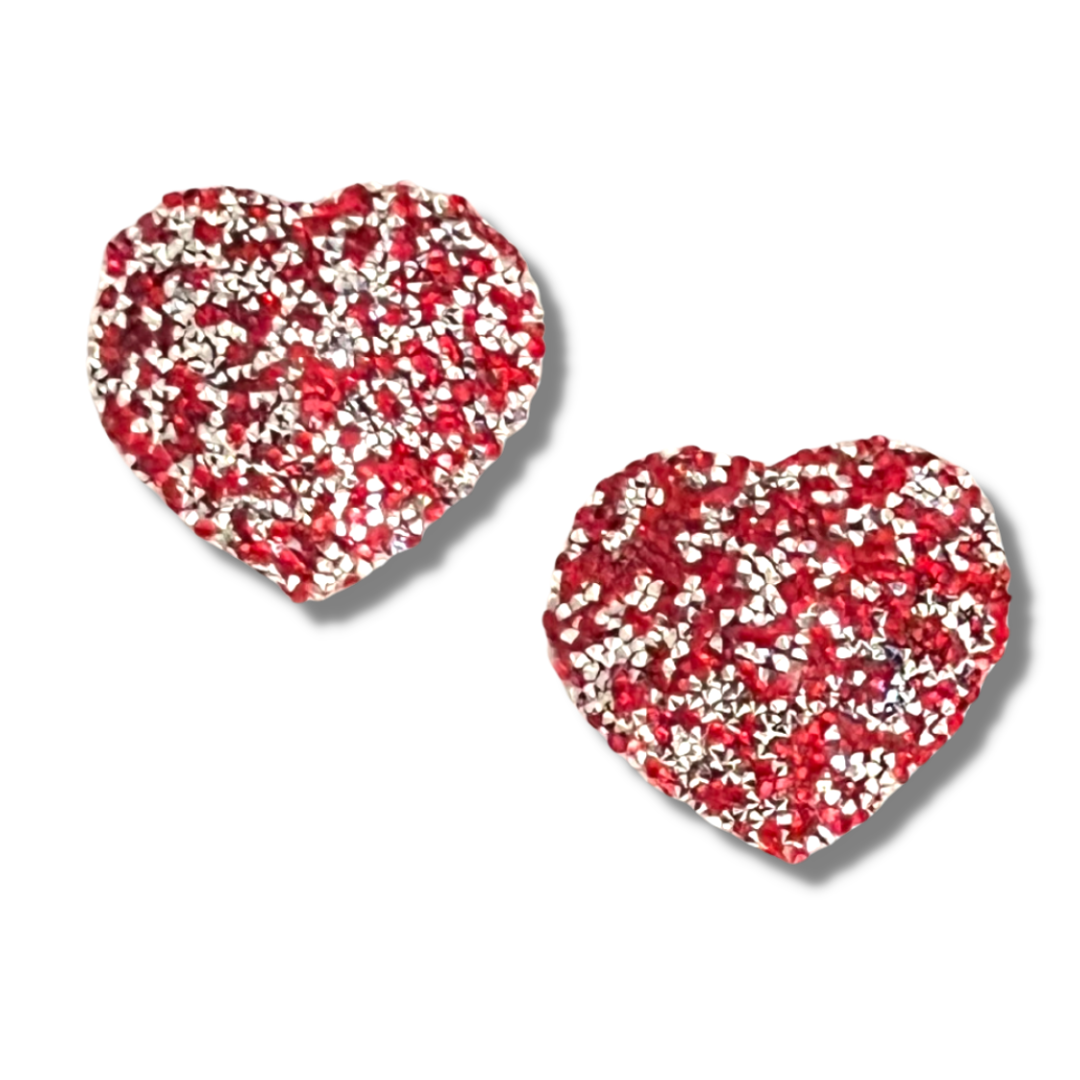 POPPY TART Red & Silver Heart Sprinkle Nipple Pasties Covers (2pcs) for Burlesque, Rave Lingerie and Festivals