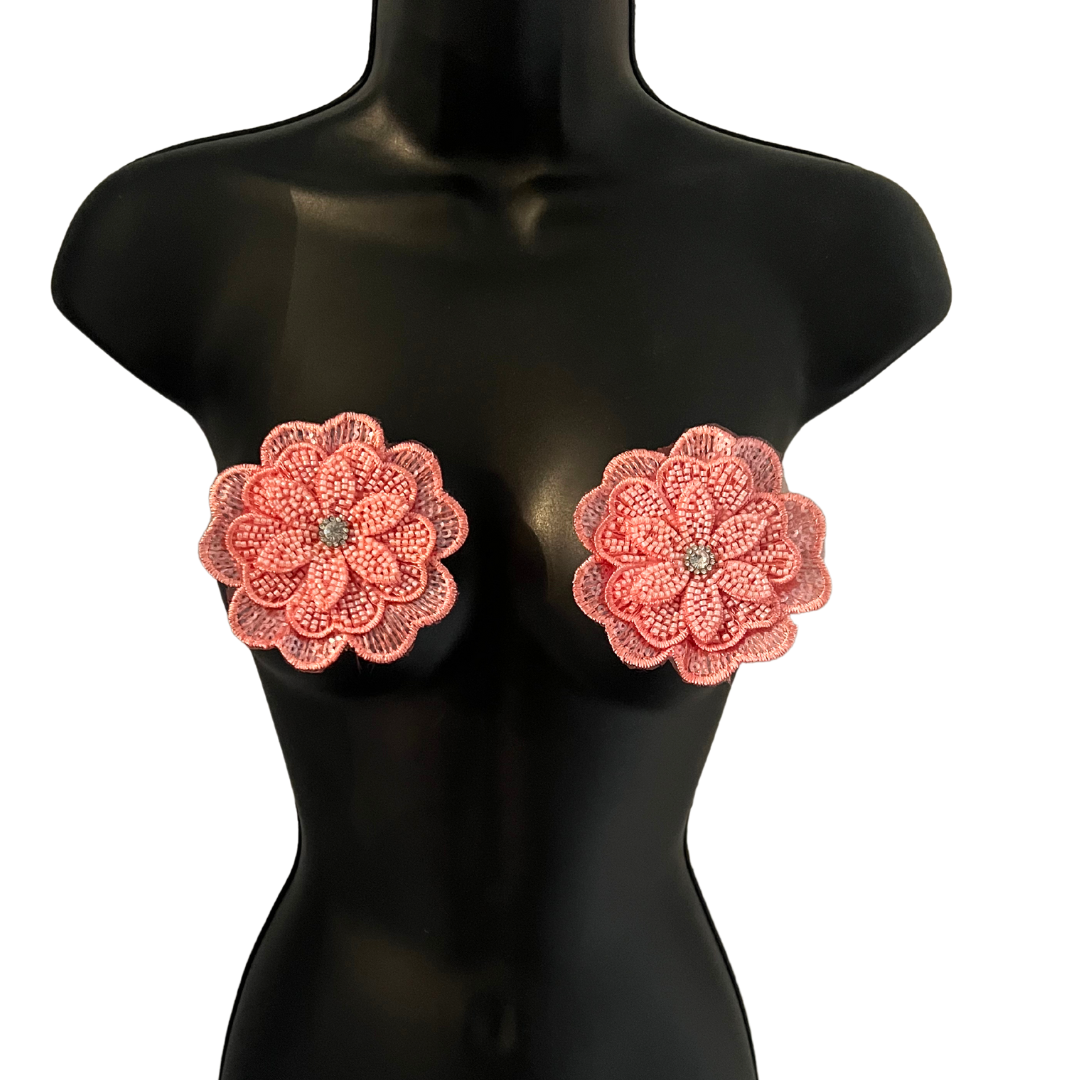 BLOSSOM BEAUTIES - Beaded and Embroidered Flower Nipple Pasties Covers (2pcs) Large! (3 colours: Hot Pink; Yellow or Light Pink)