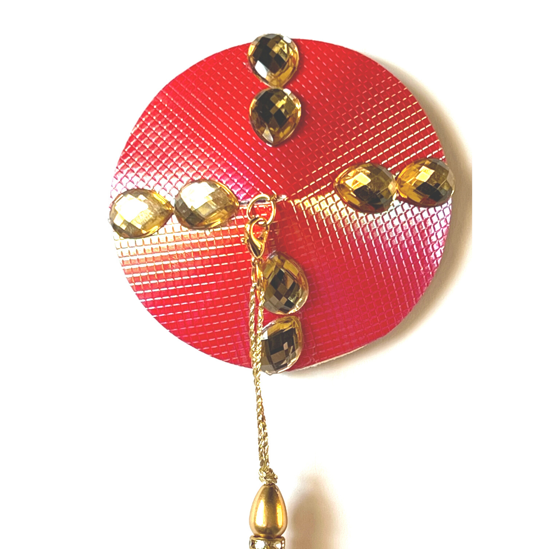 BELLINI Cubre pezones con brillo rosa melocotón (2 unidades) con gemas doradas y borlas de cuentas para lencería Carnaval Burlesque Rave