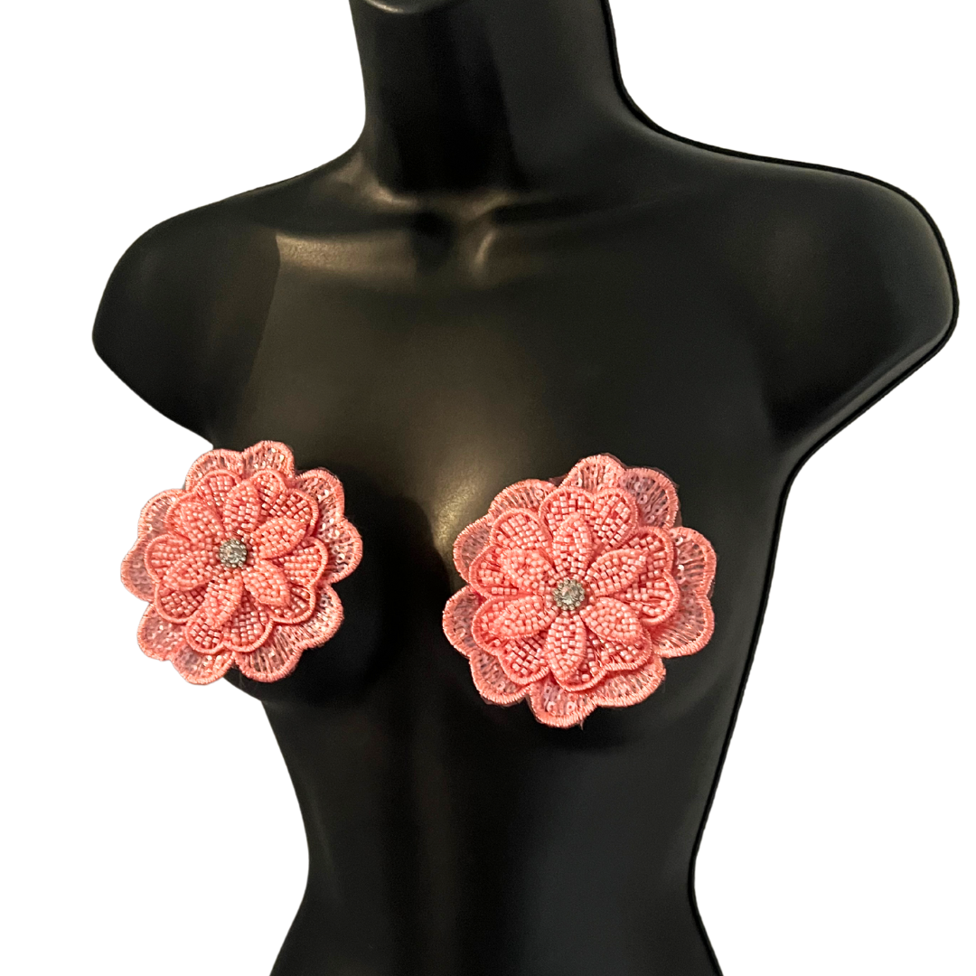 BLOSSOM BEAUTIES - Beaded and Embroidered Flower Nipple Pasties Covers (2pcs) Large! (3 colours: Hot Pink; Yellow or Light Pink)