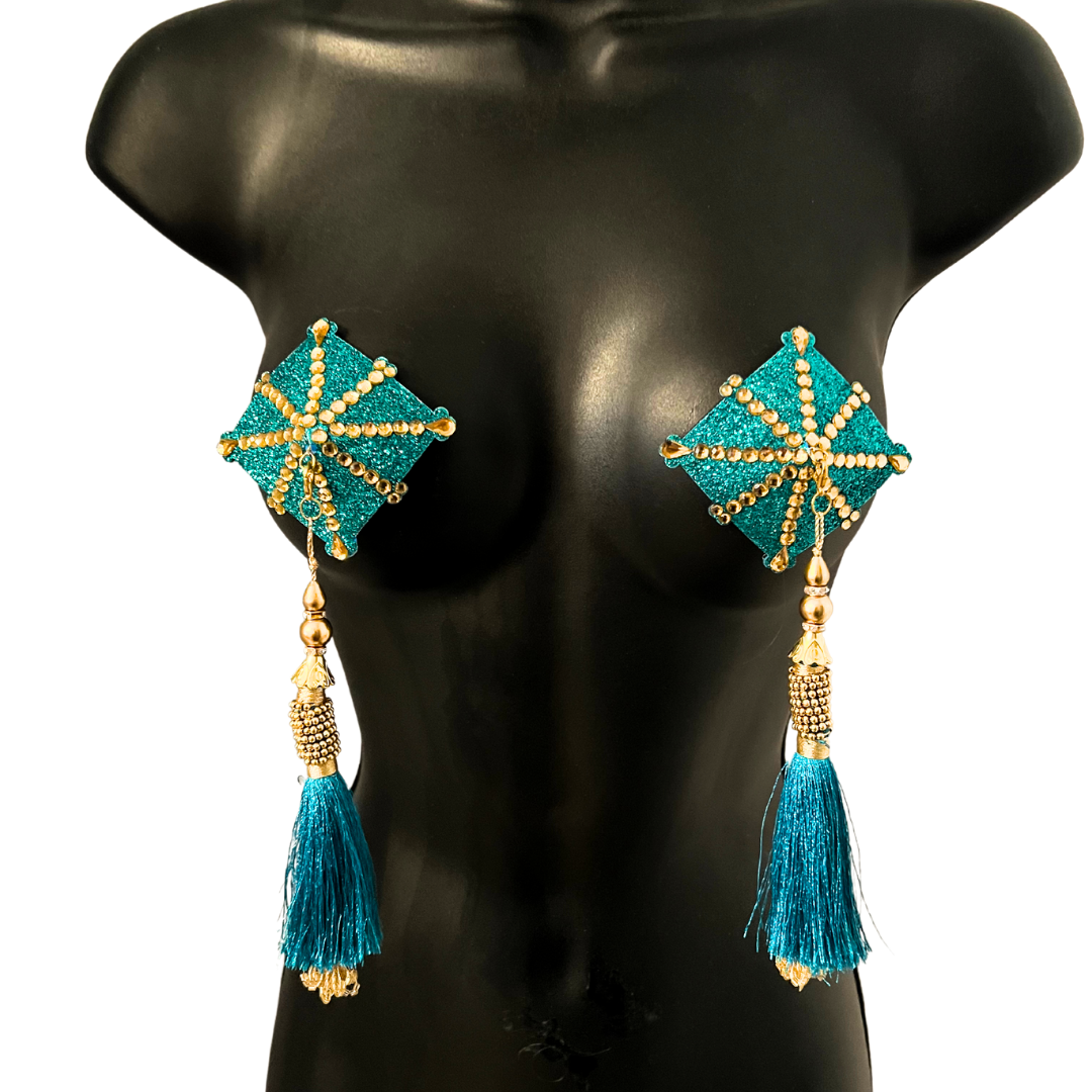 Cache-tétons CELESTE en forme de diamant bleu sarcelle et or, couvre-tétons avec pompons amovibles (2 pièces)