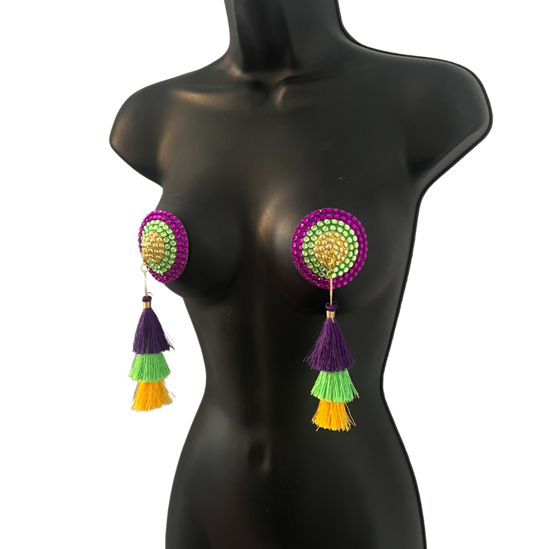 MARDI SASS Mardi Gras Themed Purple, Gold and Green Nipple Pasties Covers (2pcs) with Removable Tri Coloured Tassels