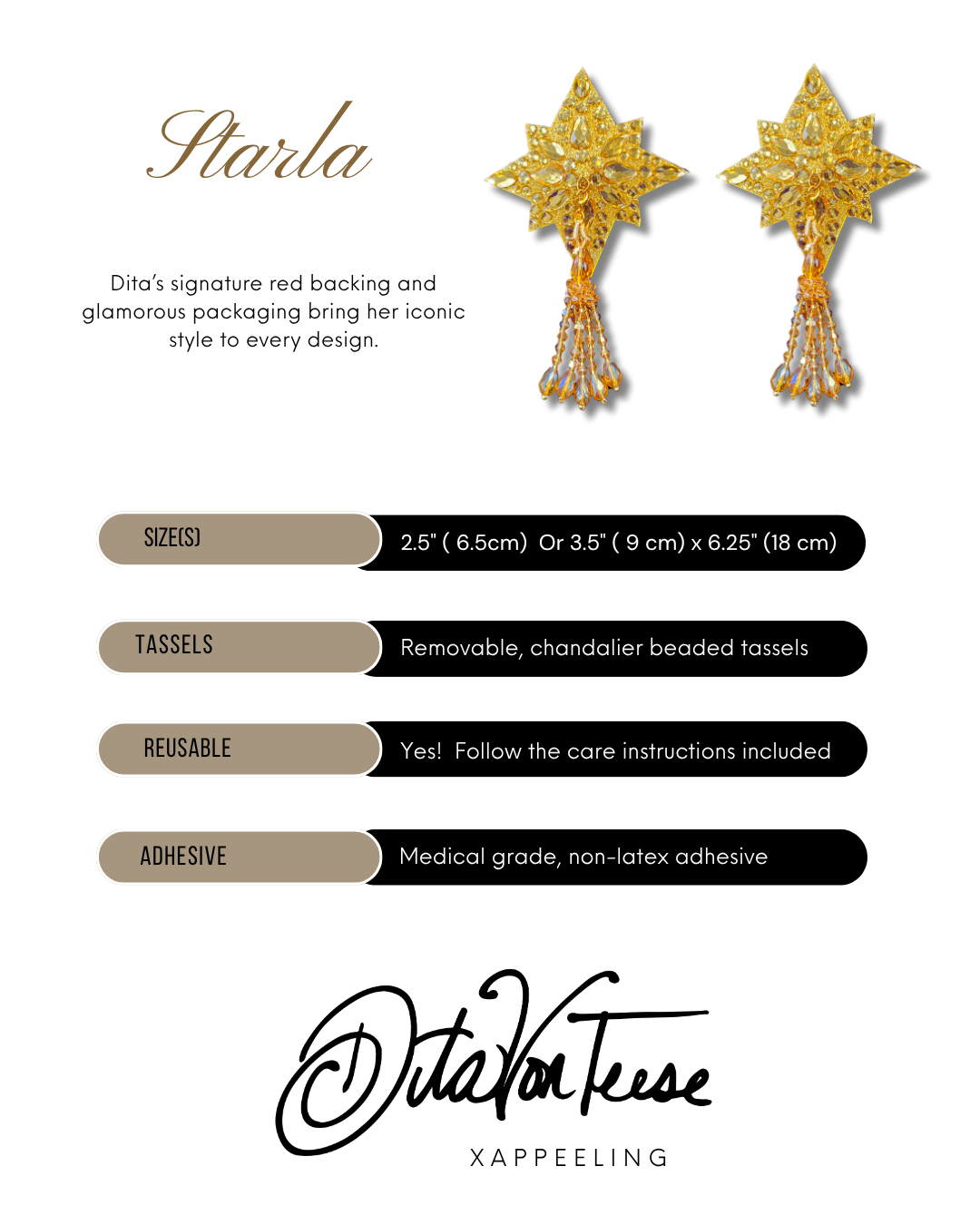 DITA VON TEESE Starla Shimmering Gold Star Crystal Pasties with Removable Hand-Beaded Tassels (2pcs)