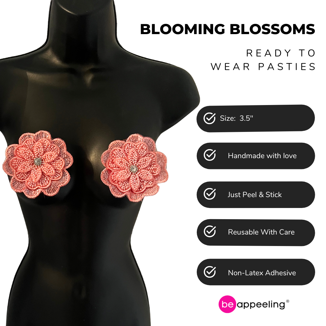 BLOSSOM BEAUTIES - Beaded and Embroidered Flower Nipple Pasties Covers (2pcs) Large! (3 colours: Hot Pink; Yellow or Light Pink)