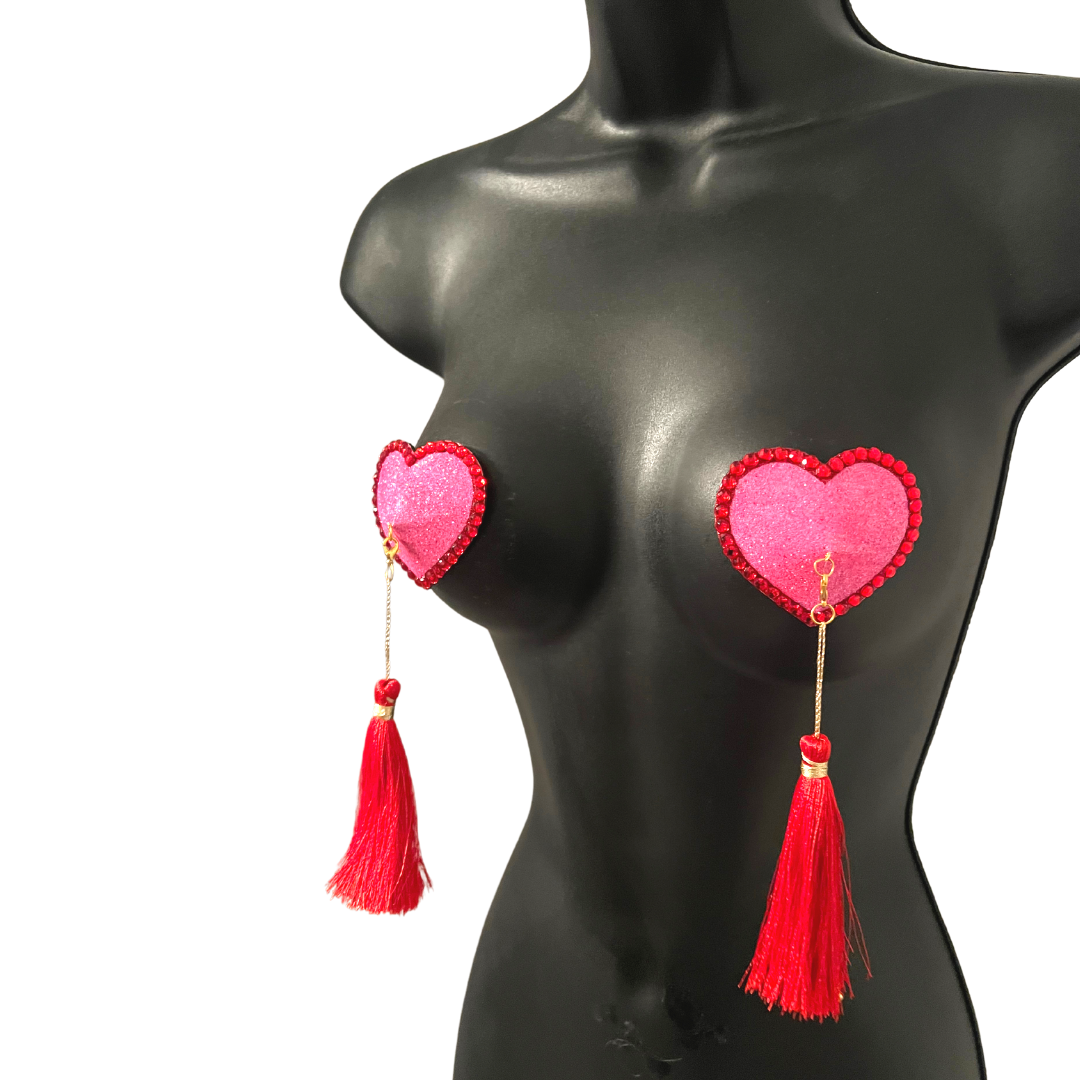 LOVE BOMB  Pink & Red Glitter Heart Nipple Pasties, Pasty (2pcs) with Tassels