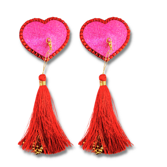 LOVE BOMB Cache-tétons en forme de cœur à paillettes roses et rouges, pâteux (2 pièces) avec pompons