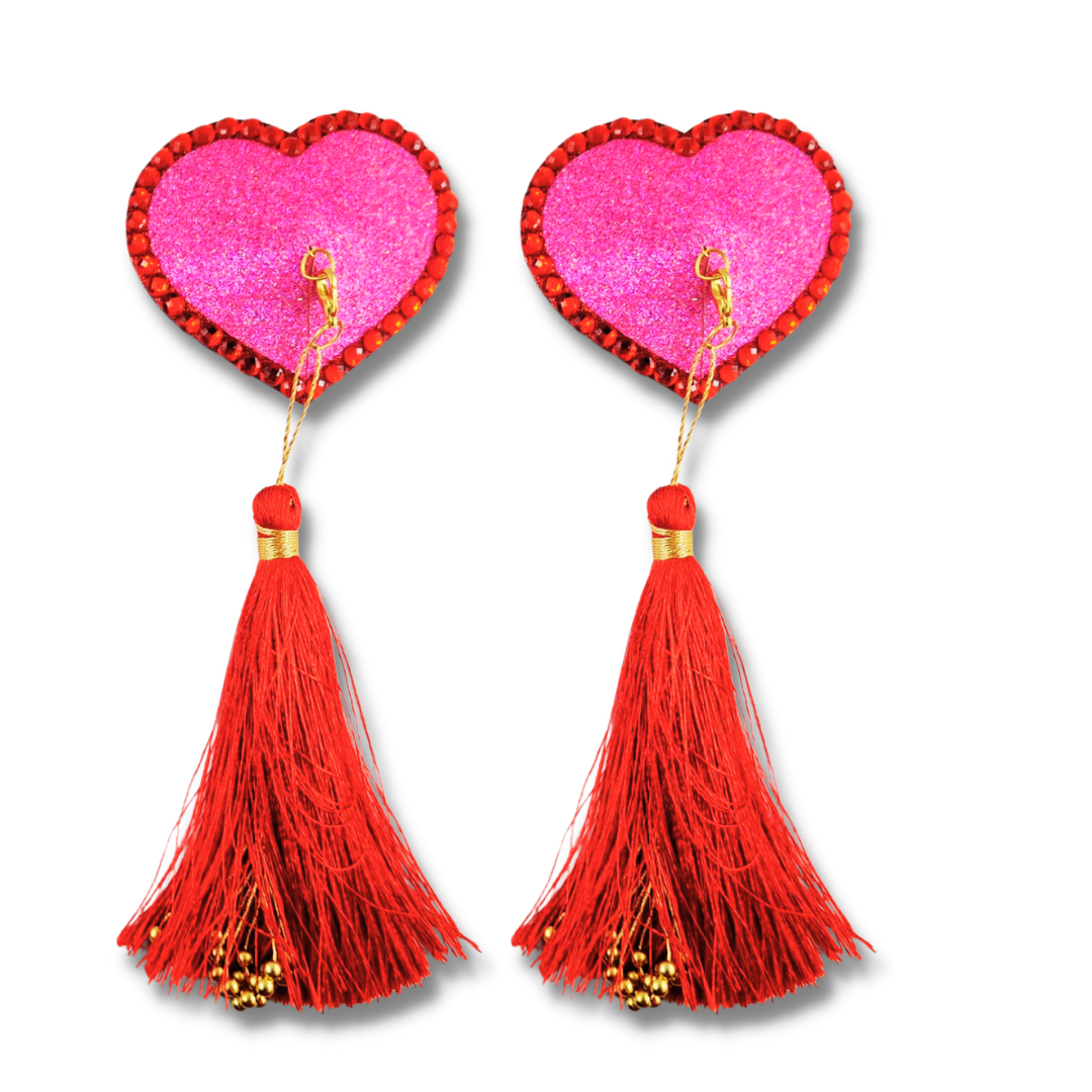 LOVE BOMB  Pink & Red Glitter Heart Nipple Pasties, Pasty (2pcs) with Tassels