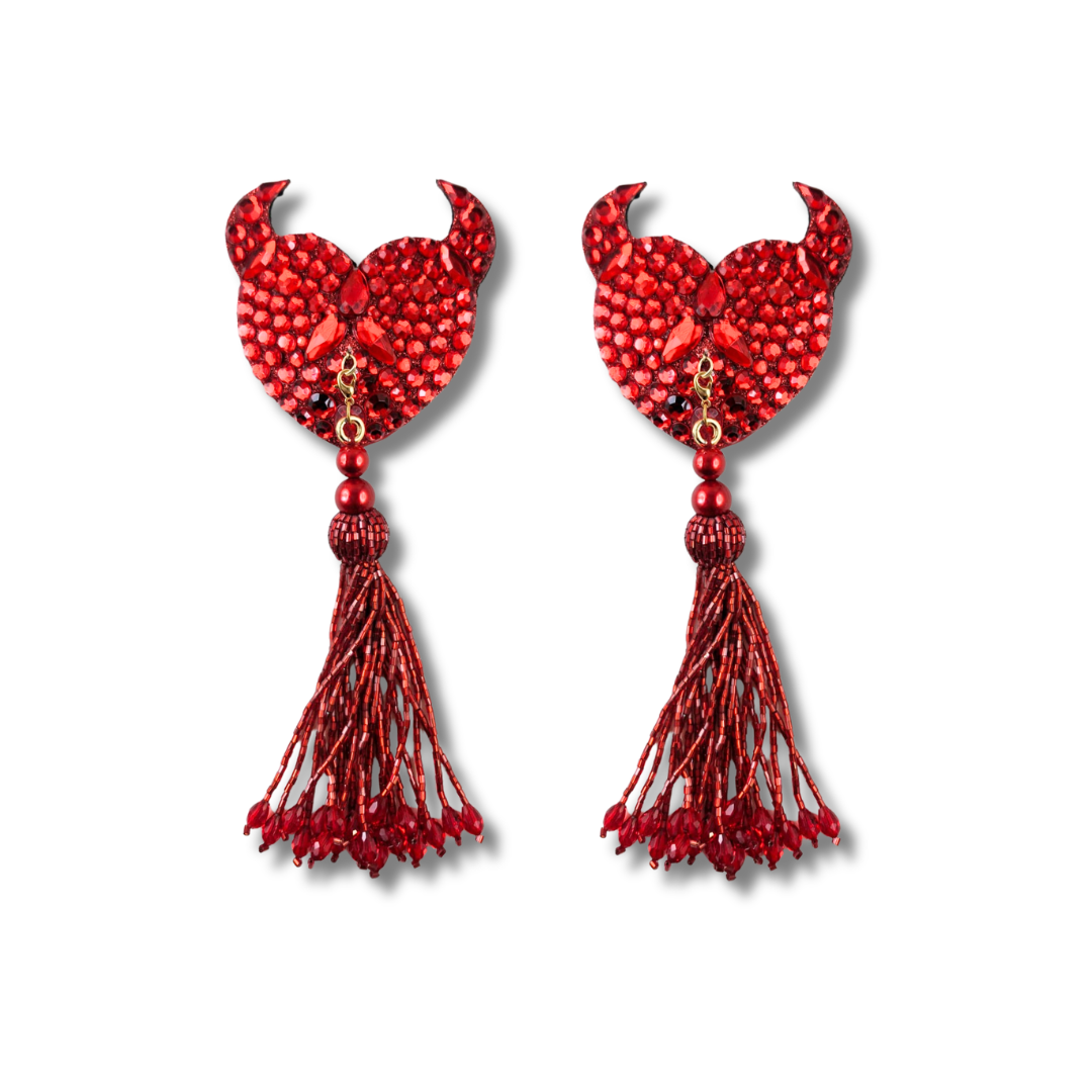 DAREDEVIL Red Devil Hearts Pasties,  Nipple Covers (2pcs) with Removable Tassels