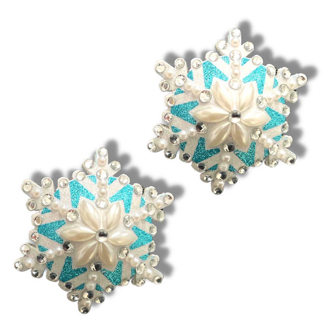 SNOW BUNNY Blue & White Snowflake Pearl and Gem Nipple Pasties, Pasty (2pcs)  (2pcs) Burlesque Lingerie Raves and Festivals