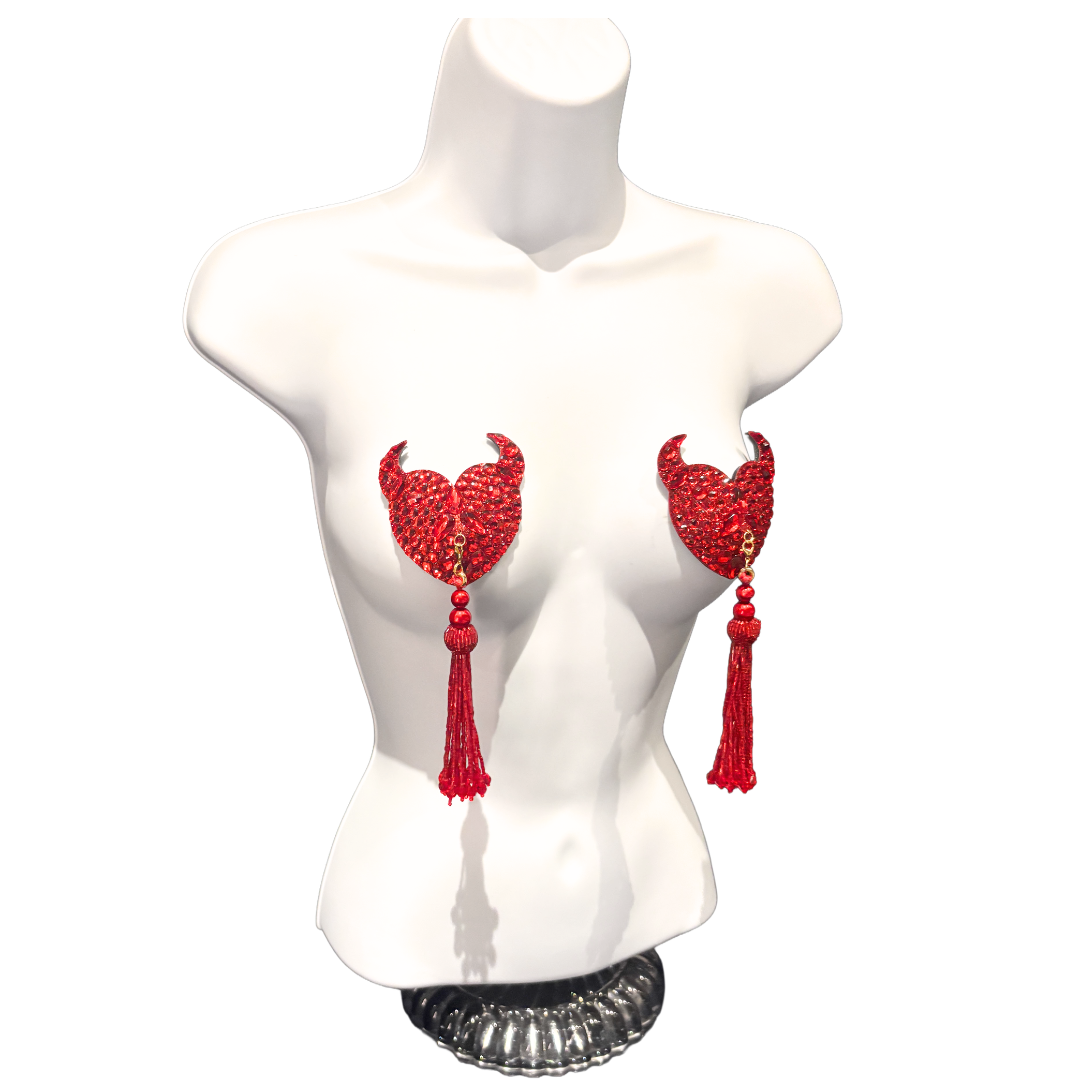 DAREDEVIL Red Devil Hearts Pasties,  Nipple Covers (2pcs) with Removable Tassels