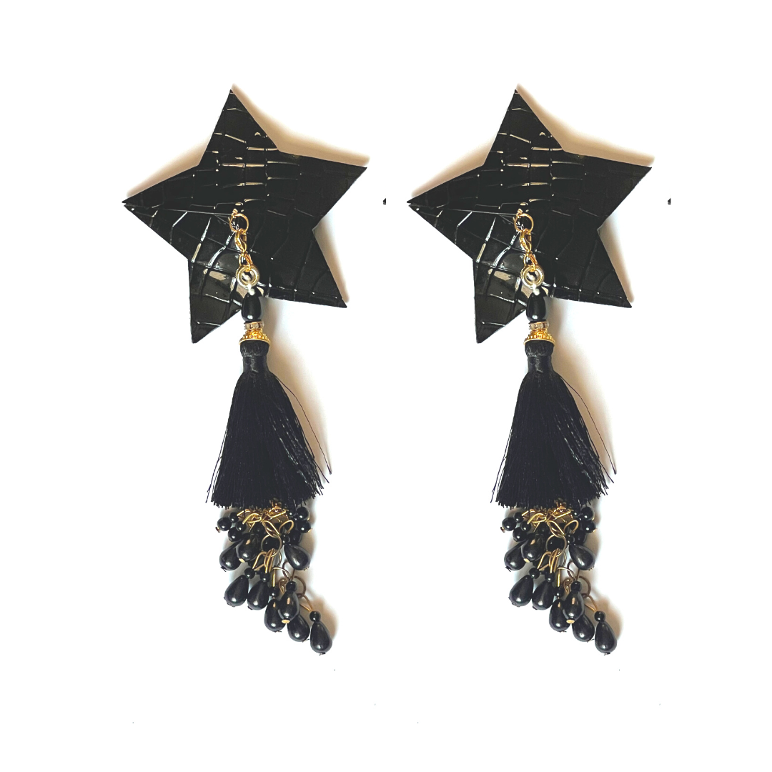 TWILIGHT Black Star Cubierta de pezón de cuero vegano (2 piezas) Empanadas con borlas de cuentas extraíbles para lencería Carnaval Burlesque Rave