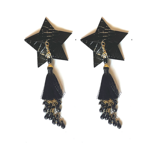 TWILIGHT Black Star Cubierta de pezón de cuero vegano (2 piezas) Empanadas con borlas de cuentas extraíbles para lencería Carnaval Burlesque Rave