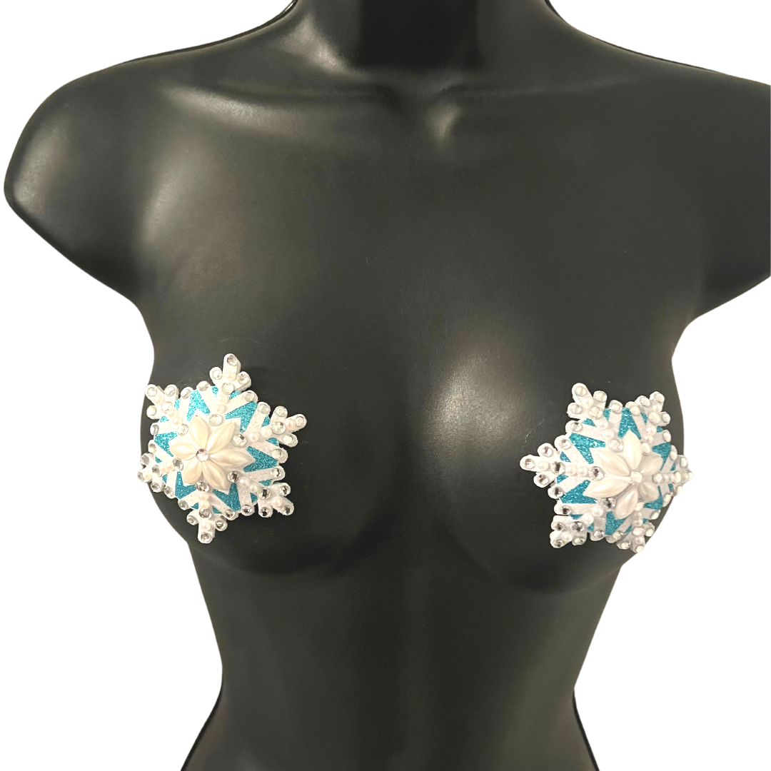 SNOW BUNNY Bleu &amp; Blanc Flocon de Neige Perle et Gem Nipple Pasties, Pâteux (2pcs) (2pcs) Burlesque Lingerie Raves et Festivals