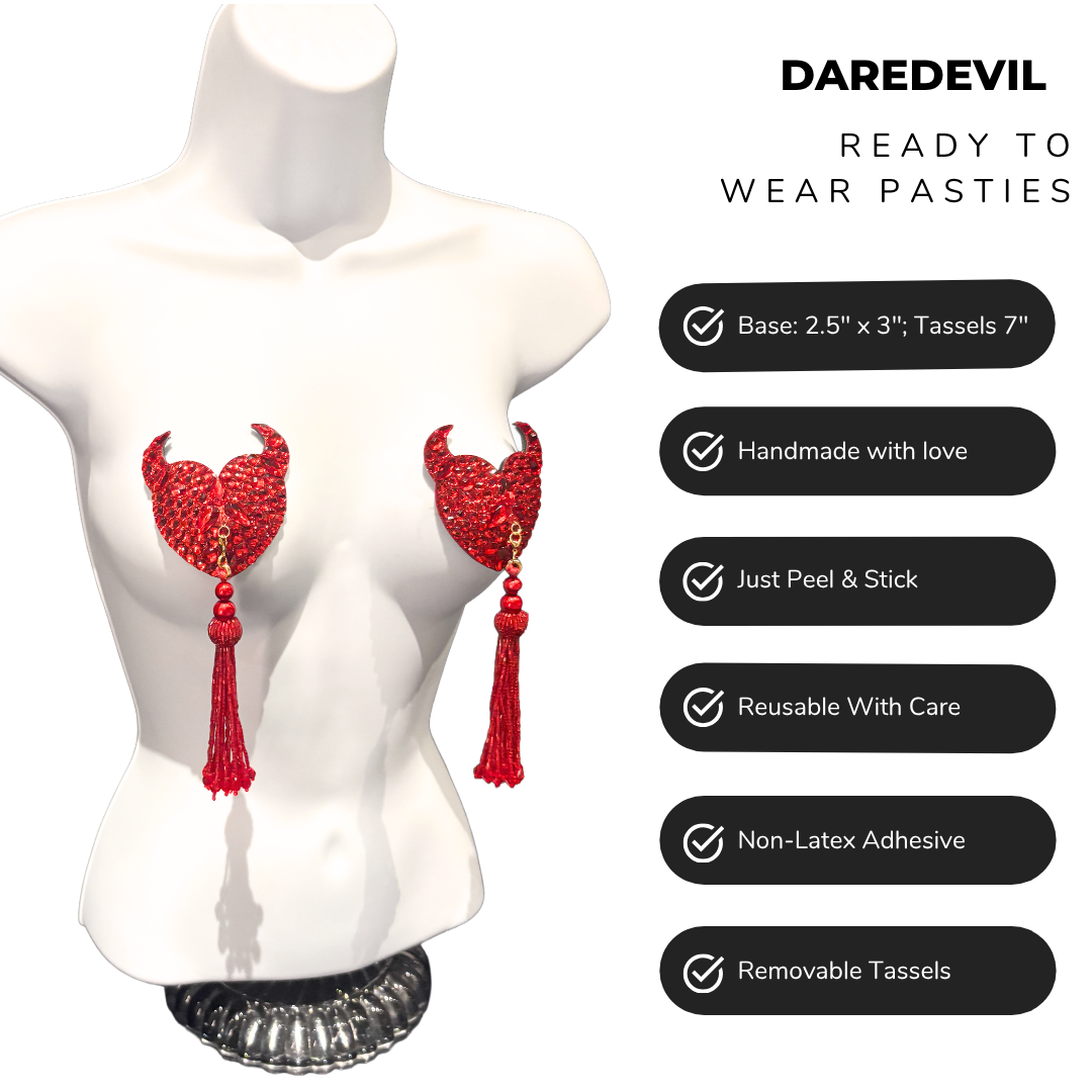 DAREDEVIL Red Devil Hearts Pasties,  Nipple Covers (2pcs) with Removable Tassels