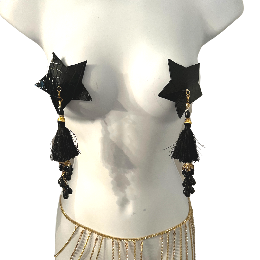TWILIGHT Black Star Vegan Leather Nipple Cover (2pcs) Pasties with Removable Beaded Tassels for Lingerie Carnival Burlesque Rave
