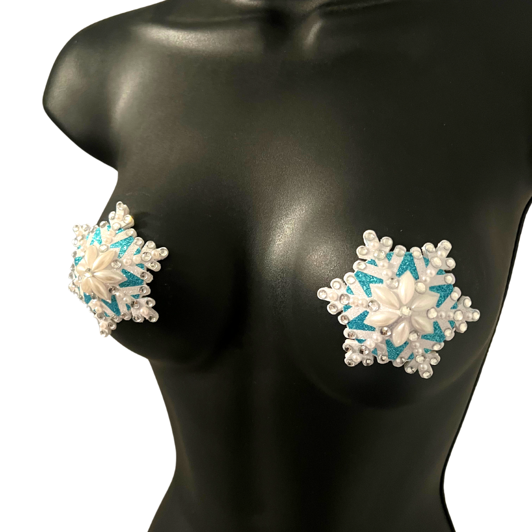 SNOW BUNNY Bleu &amp; Blanc Flocon de Neige Perle et Gem Nipple Pasties, Pâteux (2pcs) (2pcs) Burlesque Lingerie Raves et Festivals