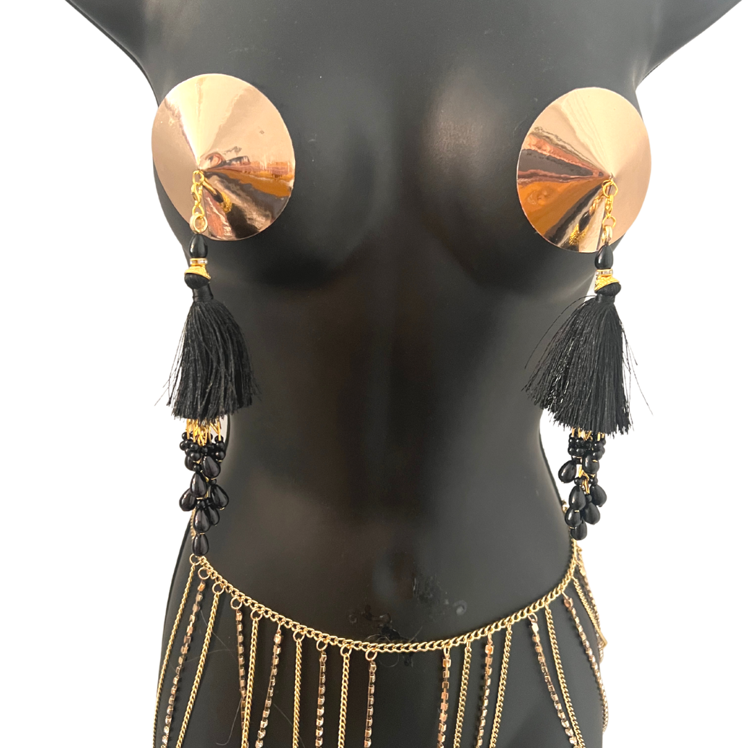 MISS DEMEANOR Gold Foil Nipple Pasty, Nipple Cover (2pcs) with Black Beaded Removable Tassels for Lingerie Festivals Carnival Burlesque Rave