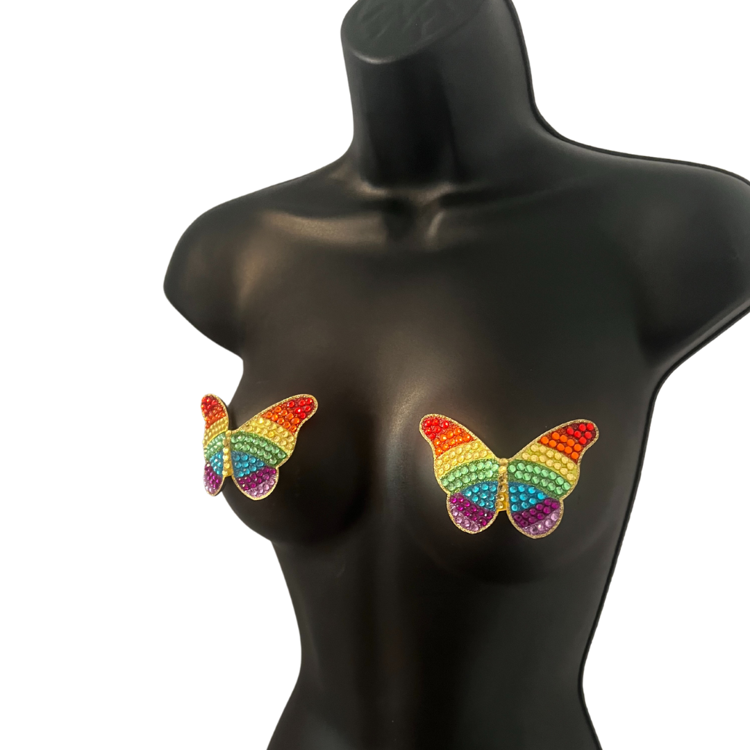 RAINBOW BRIGHT - Glitter and Gem Butterfly Nipple Pasties Covers (2pcs) for Burlesque, Rave Pride Lingerie and Festivals