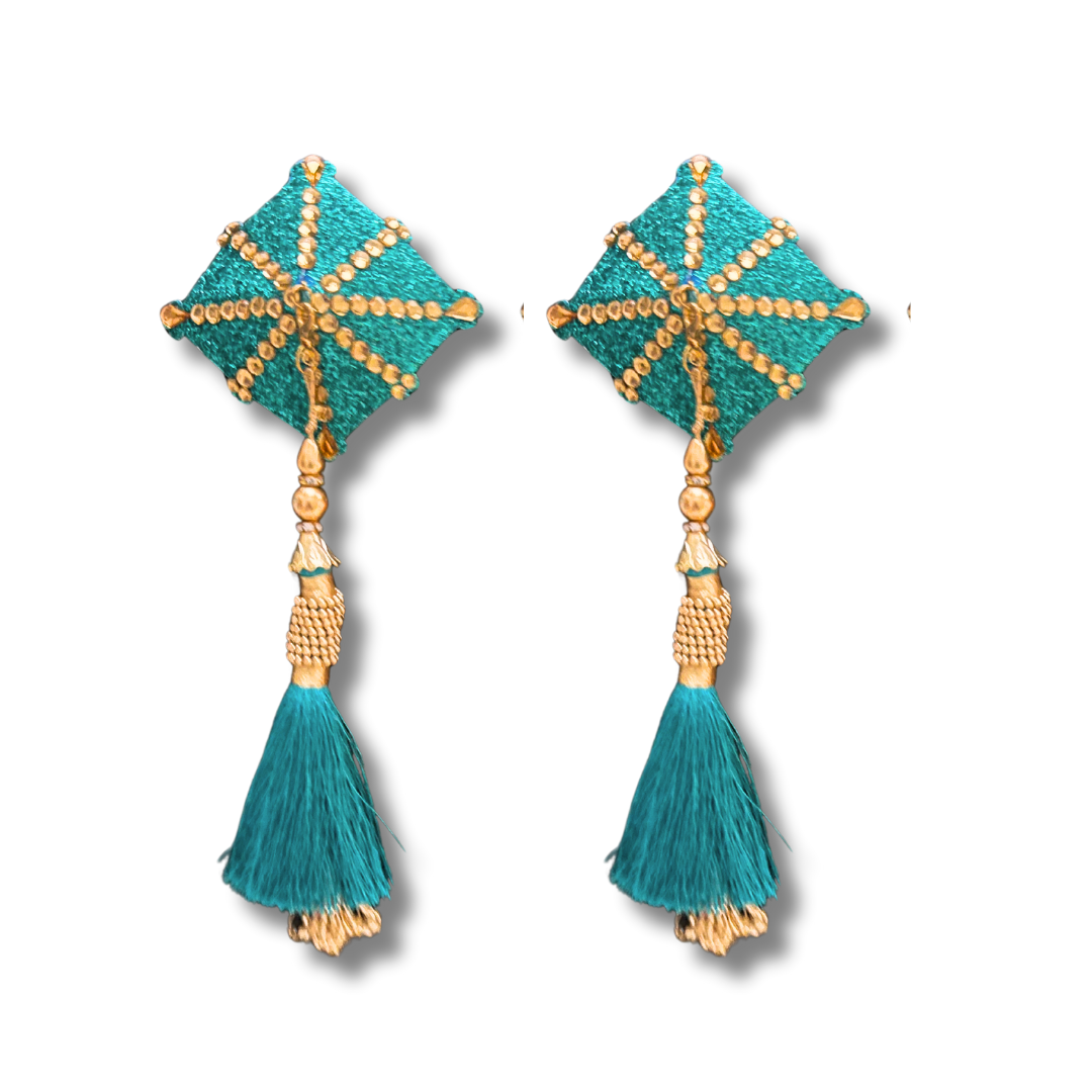 CELESTE  Teal and Gold Diamond Shaped Pasties, Nipple Covers w/ Removable Tassels (2pcs)