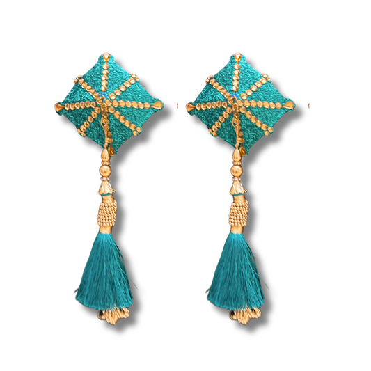 CELESTE  Teal and Gold Diamond Shaped Pasties, Nipple Covers w/ Removable Tassels (2pcs)
