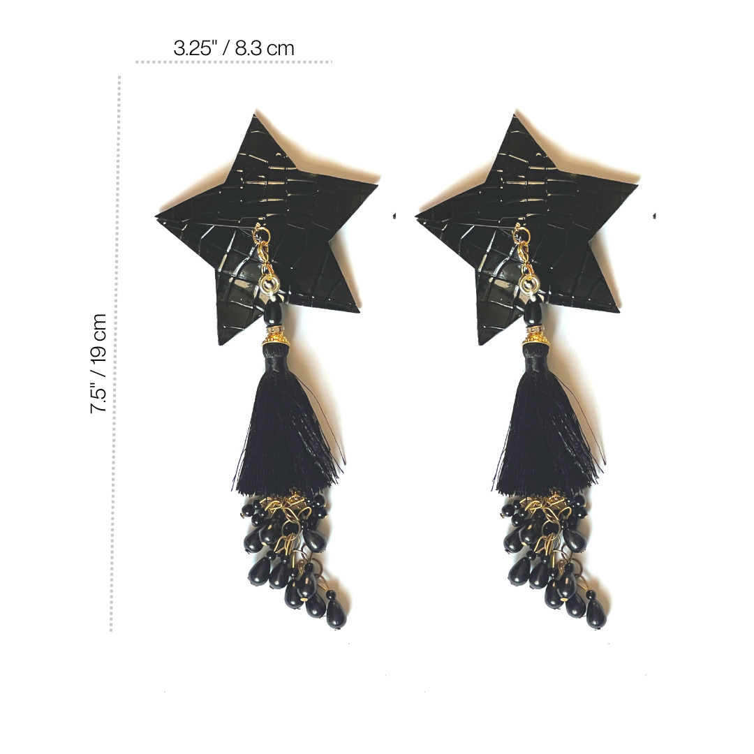 TWILIGHT Black Star Vegan Leather Nipple Cover (2pcs) Pasties with Removable Beaded Tassels for Lingerie Carnival Burlesque Rave