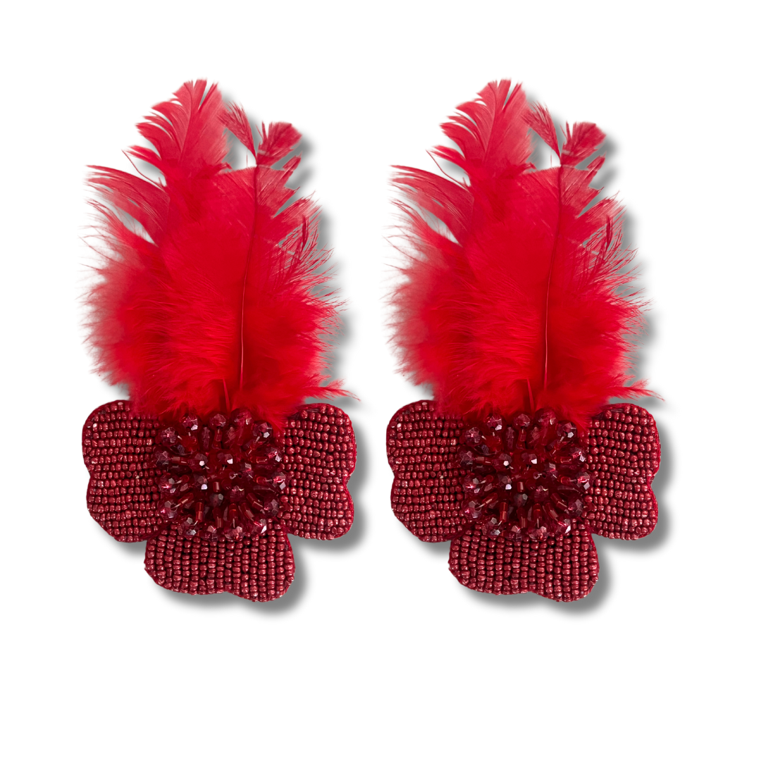 SHOWGIRL Dazzling Red Hand Beaded Nipple Pasty with Faux Feathers