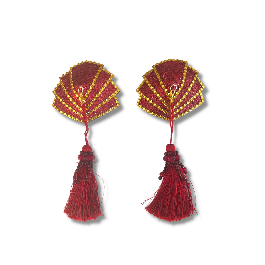 FANGIRL Cache-tétons bordeaux à paillettes et pierres dorées (2 pièces) avec pompons complexes amovibles pour lingerie carnaval burlesque rave