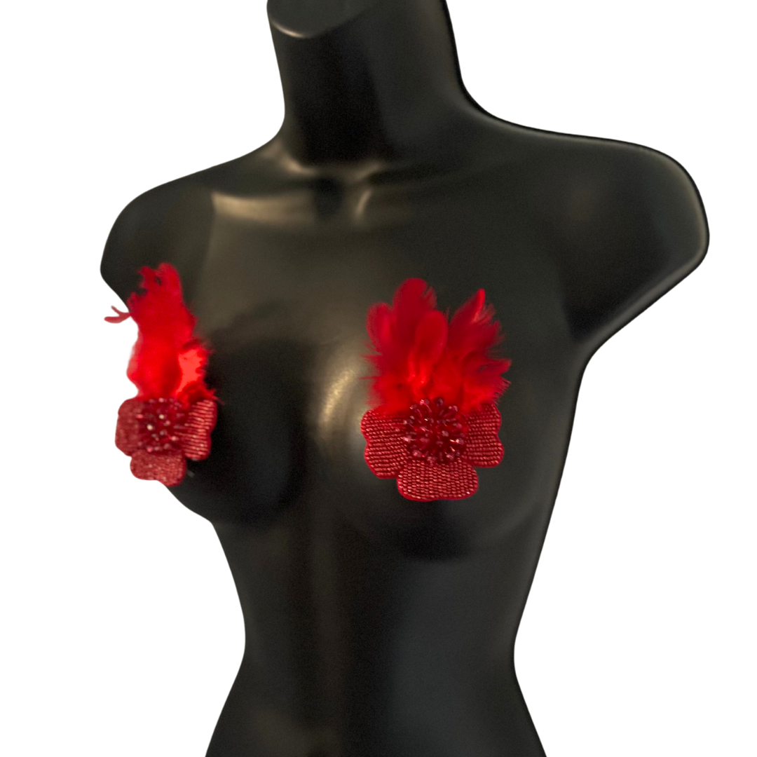 SHOWGIRL Dazzling Red Hand Beaded Nipple Pasty with Faux Feathers