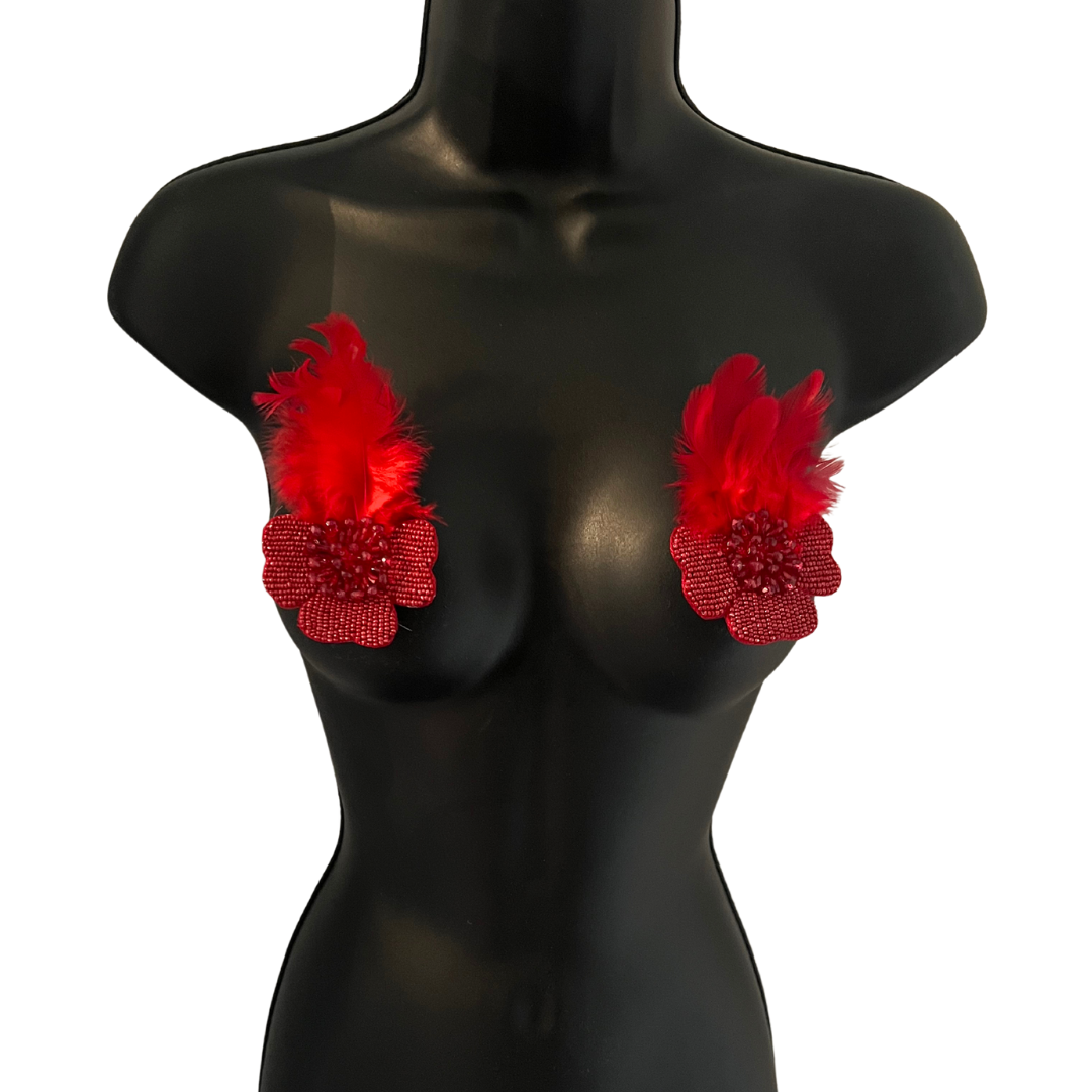 SHOWGIRL Dazzling Red Hand Beaded Nipple Pasty with Faux Feathers