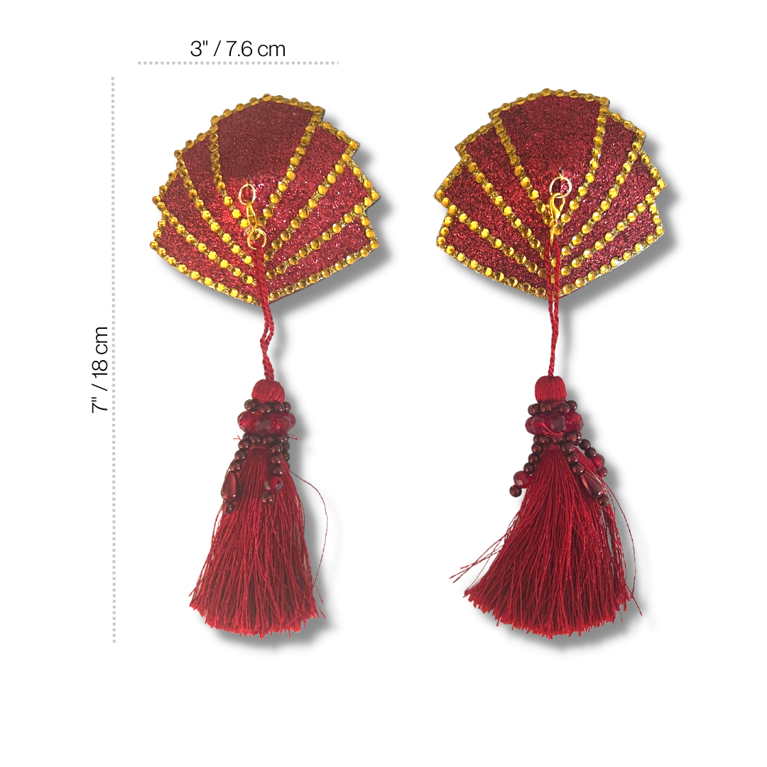 FANGIRL Cache-tétons bordeaux à paillettes et pierres dorées (2 pièces) avec pompons complexes amovibles pour lingerie carnaval burlesque rave