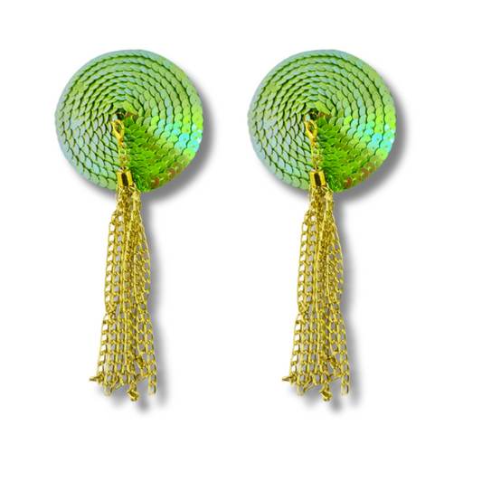 LIMELIGHT - Lime Green Circle Sequin Nipple Pasties Covers (2pcs) with Removable Gold Chain Tassels
