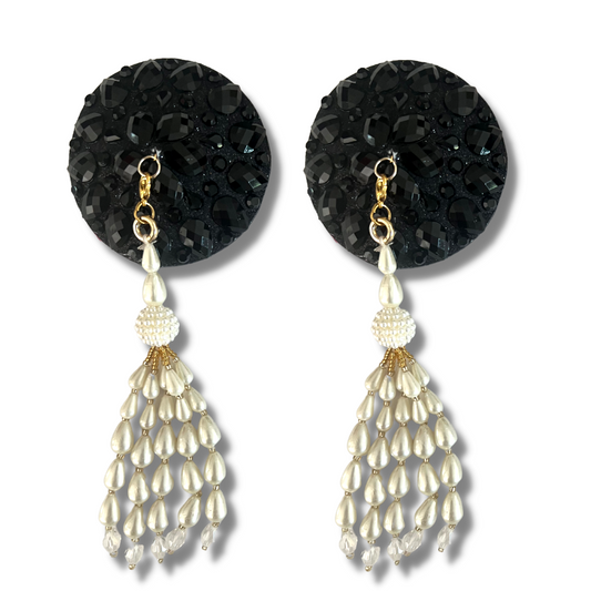 AUDREY Cache-tétons noirs à paillettes et pierres précieuses (2 pièces) avec perles et pompons amovibles complexes pour lingerie carnaval burlesque rave