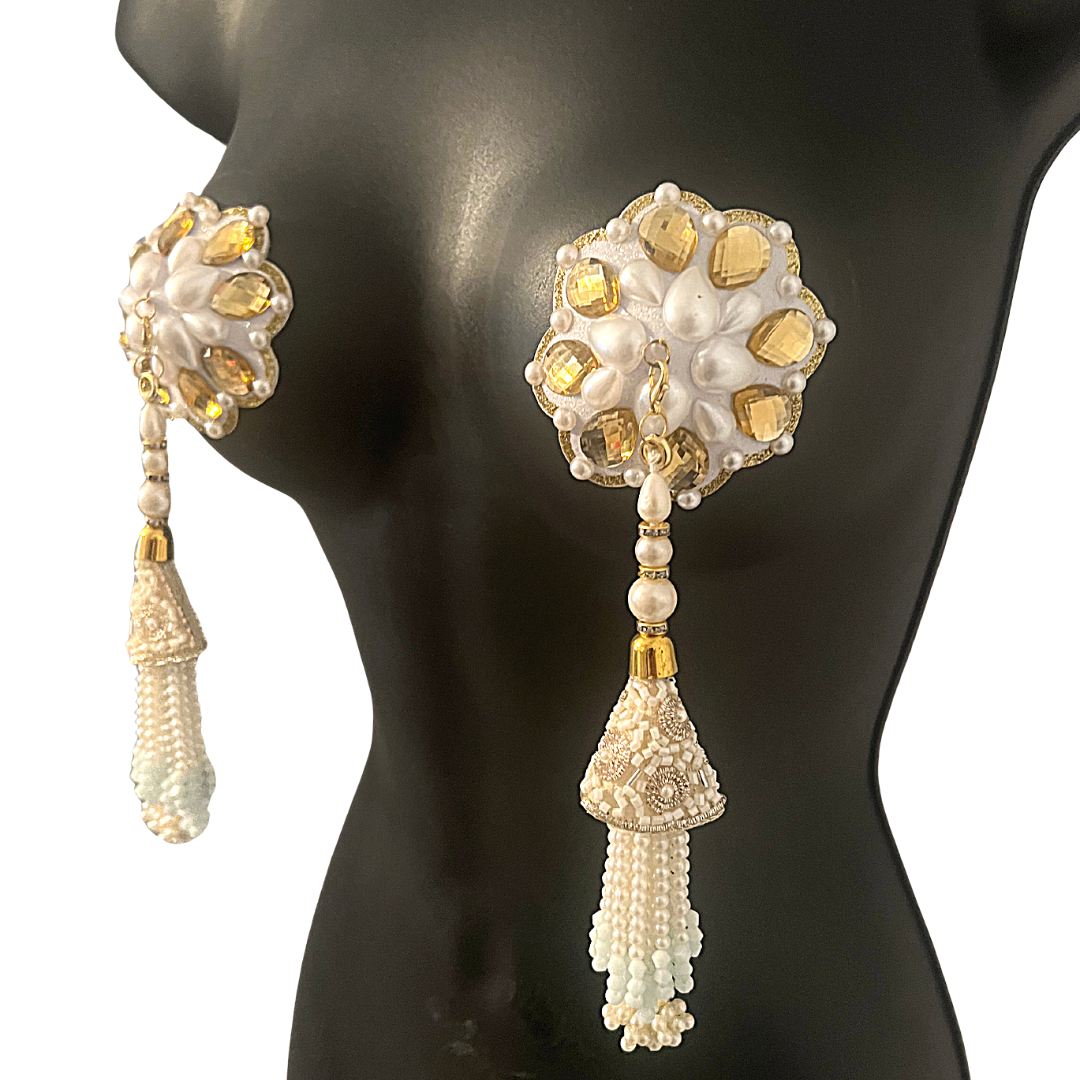 BOUQUET GARNI Cache-tétons en perles blanches et pierres dorées, pâteux (2 pièces) avec pompons amovibles (2 pièces) Lingerie Burlesque Raves et festivals