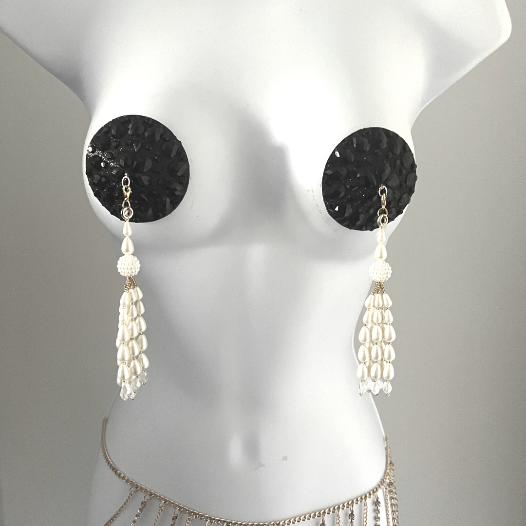 AUDREY Black Glitter and Gem Nipple Cover (2pcs) Pasties with Intricate Removable Pearl and Tassels for Lingerie Carnival Burlesque Rave